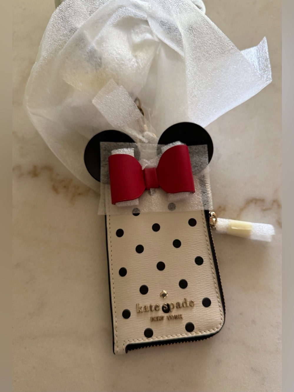 Kate Spade x Disney Minnie Mouse White Polka Dot Red Bow Leather Lanyard NWT